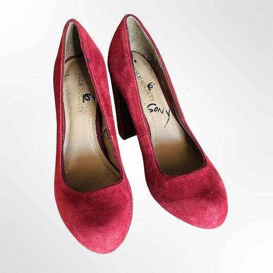 Sole Society Red Suede Round Toe Block Heel Pumps