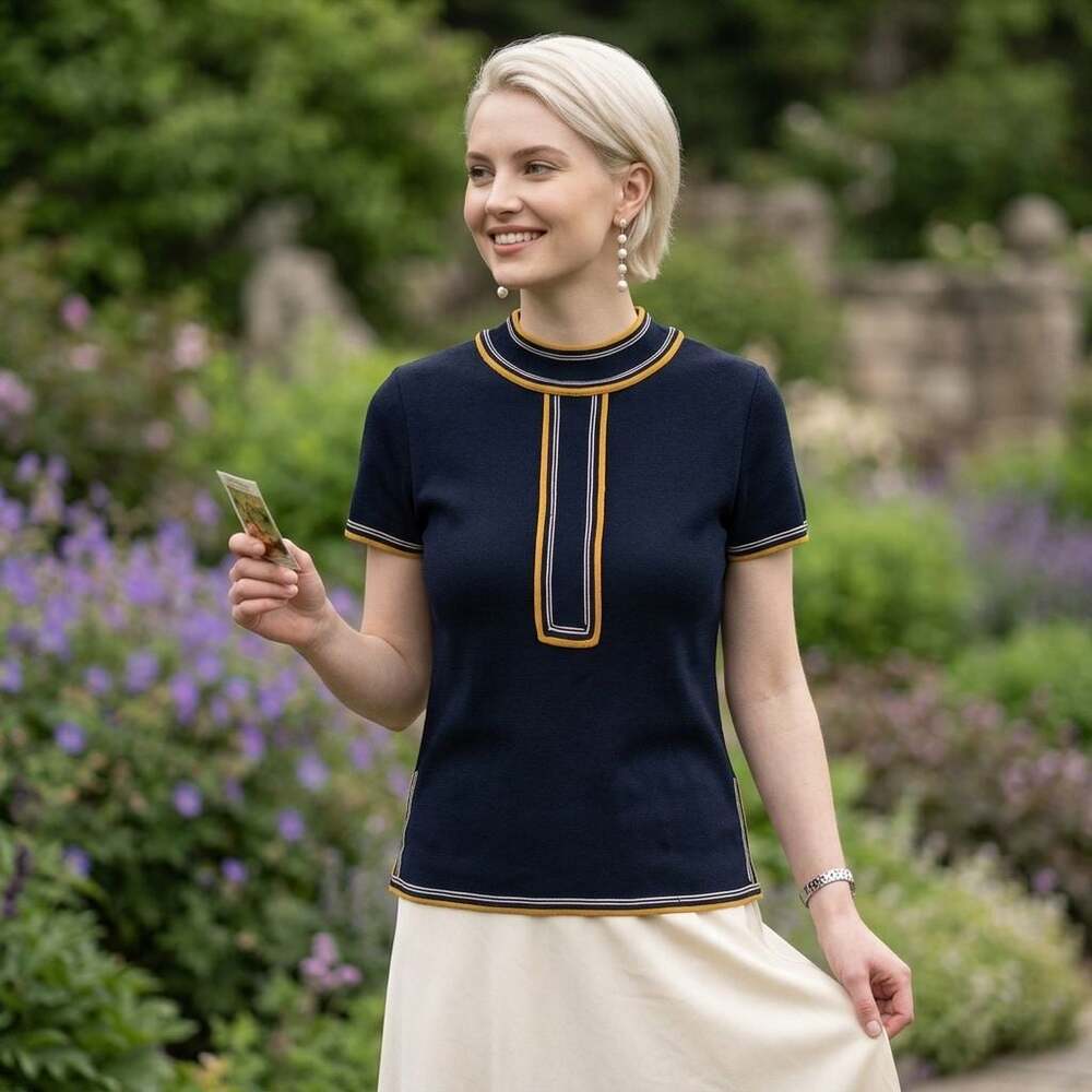Vintage Black and Yellow Acrylic Knit Short Sleeve Top with Contrasting Piping