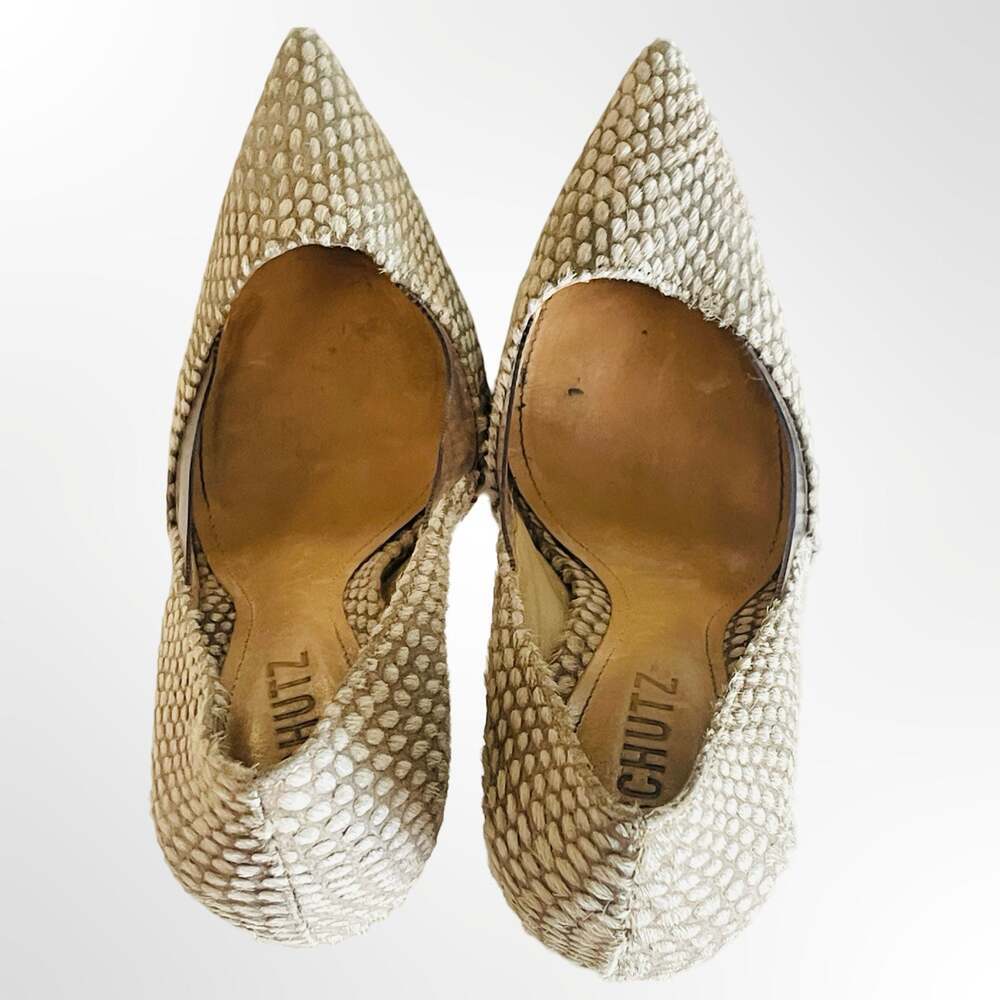 Schutz Pointed Toe Stiletto Pumps with Clear PVC Side Panels in Textured Fabric
