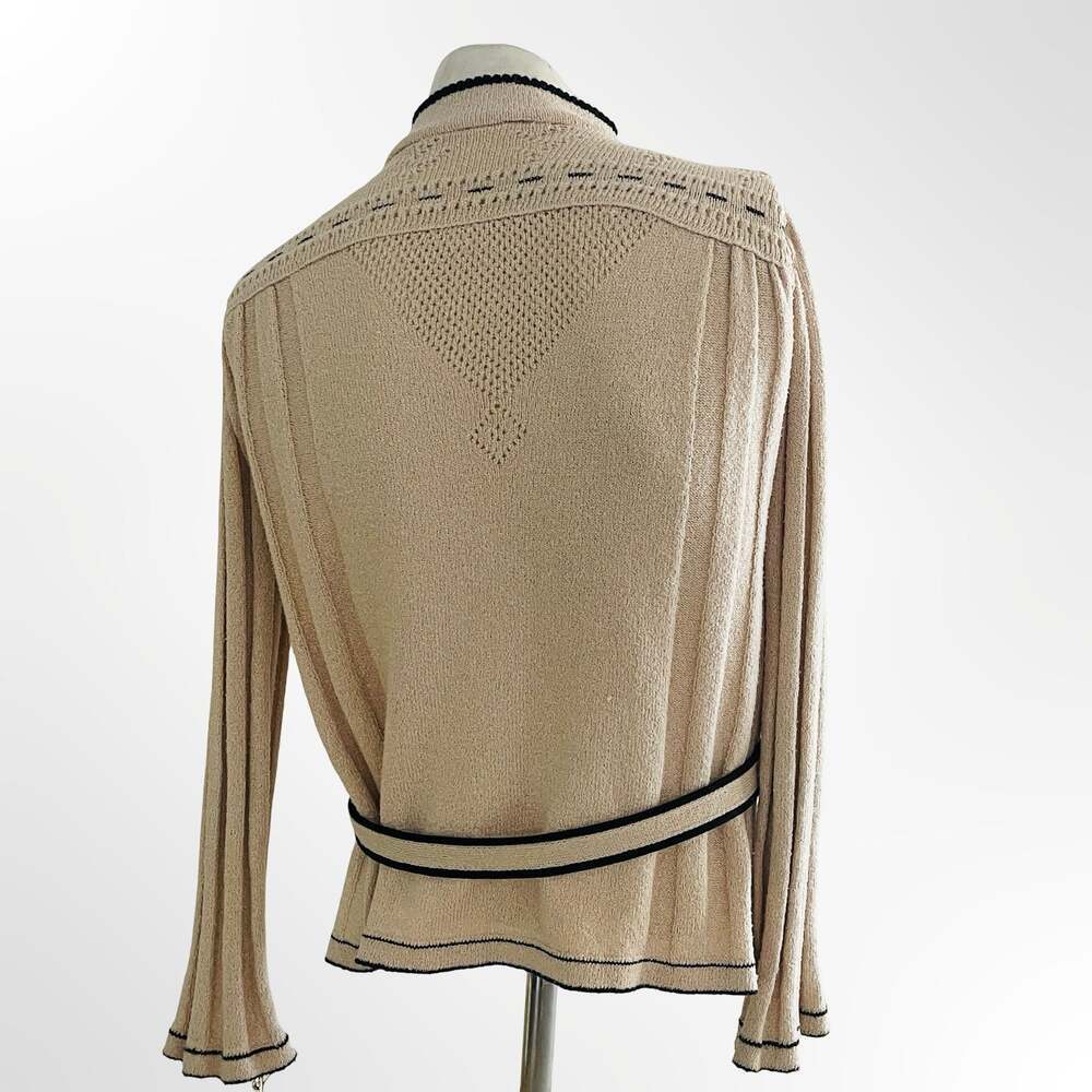 Cream Ribbed Knit Cardigan Sweater with Contrast Trim and Belt