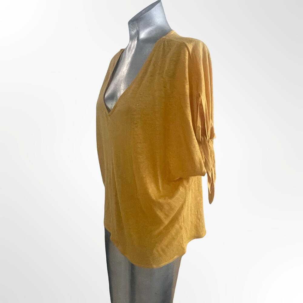 H&M Women's Mustard Yellow Linen V-Neck Top with Tie-Sleeve Detail