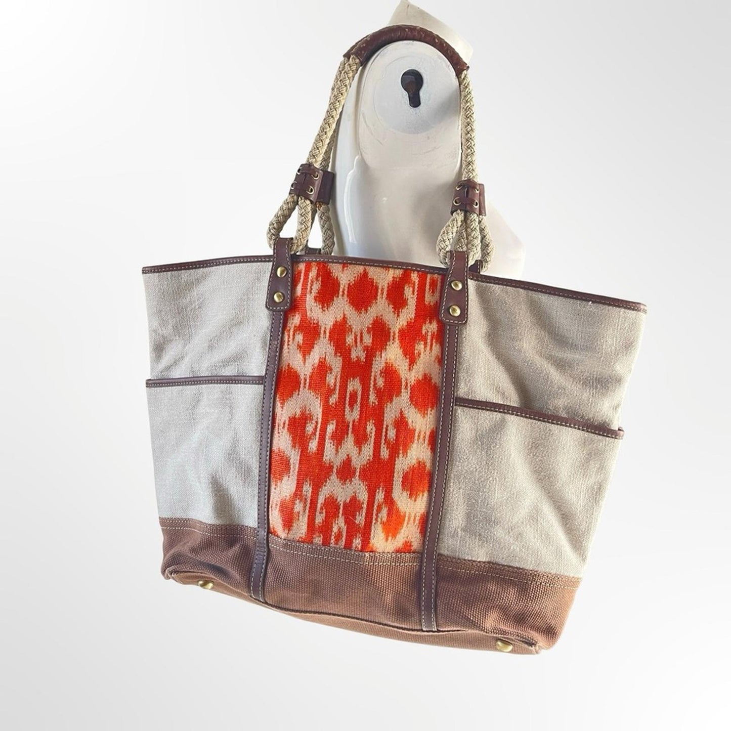 Rafe NY Canvas Tote Bag with Orange Ikat Panel & Brown Trim