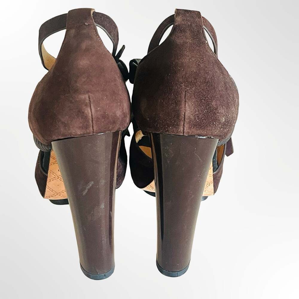 L.A.M.B. Hortensia Brown Suede Fringe High Heel Sandals Size 7.5M