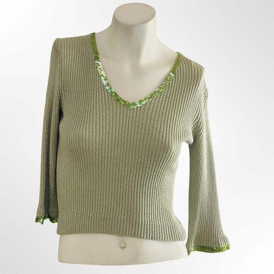 Fuse Silk Metallic Ribbed Knit Top with Green Sequin Trim Size M