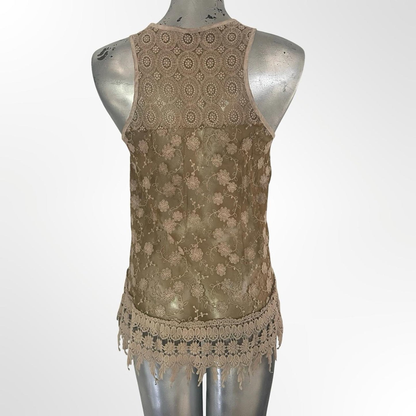 Sleeveless Crochet-Trim Taupe Tank Top