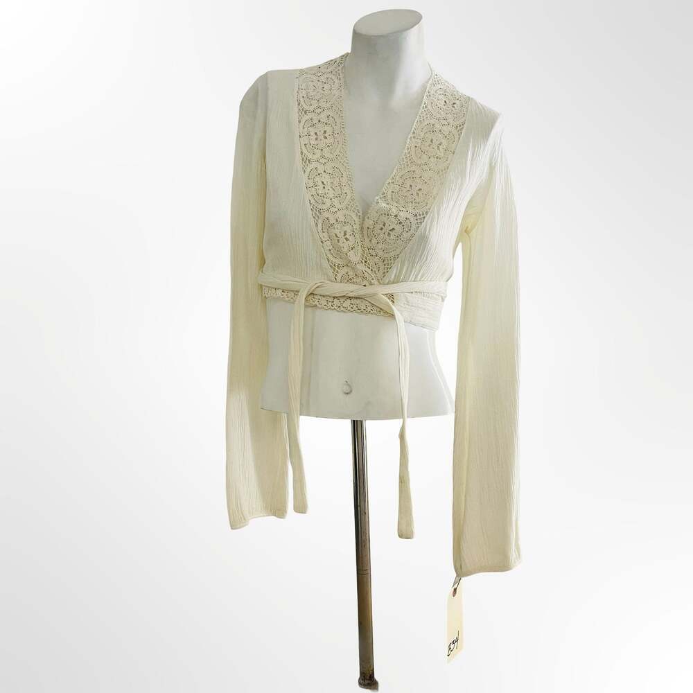 Vintage Cream White Lace Trim Bell Sleeve Crop Wrap Top Blouse