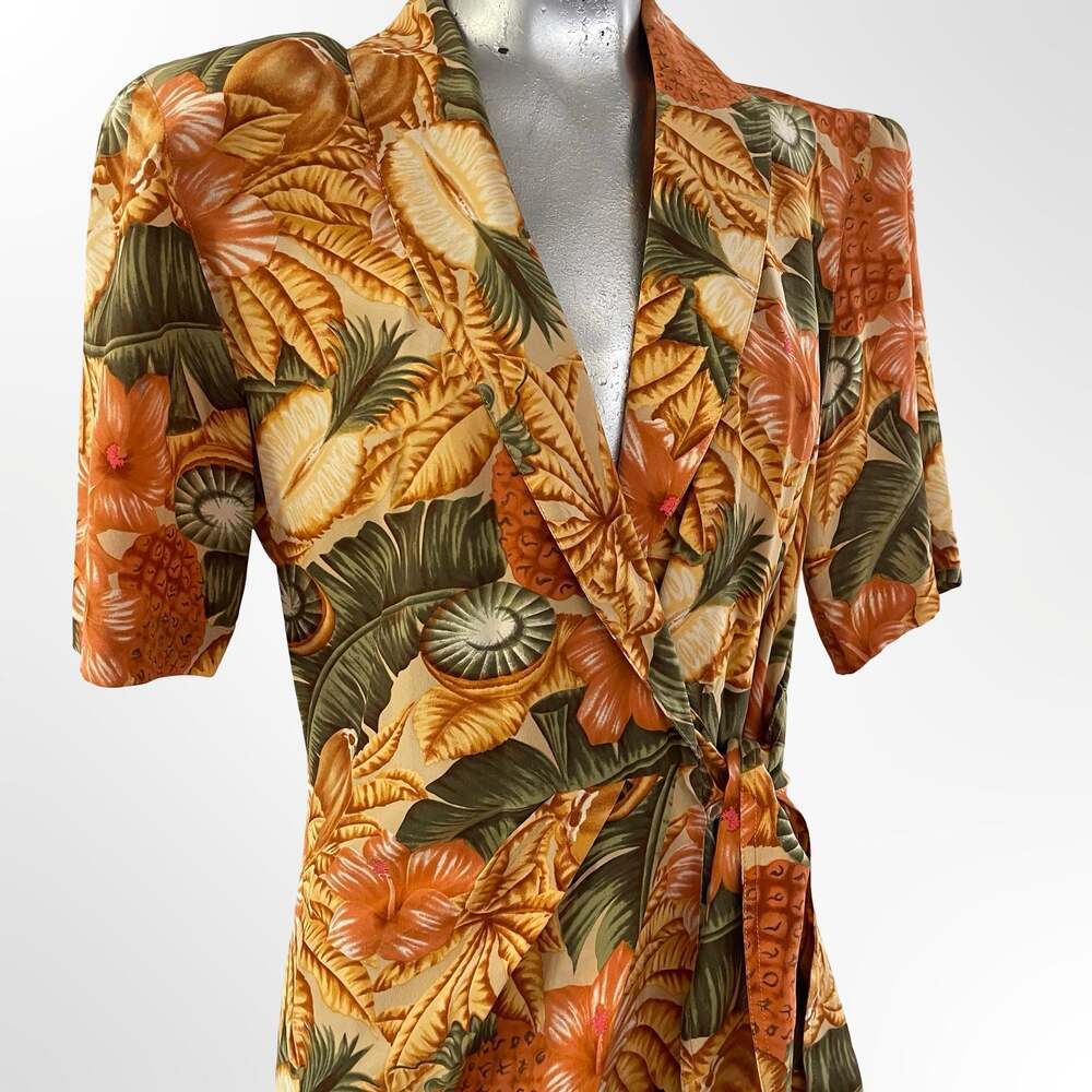 Gillian Vintage 100% Silk Tropical Floral Print Faux Wrap Dress