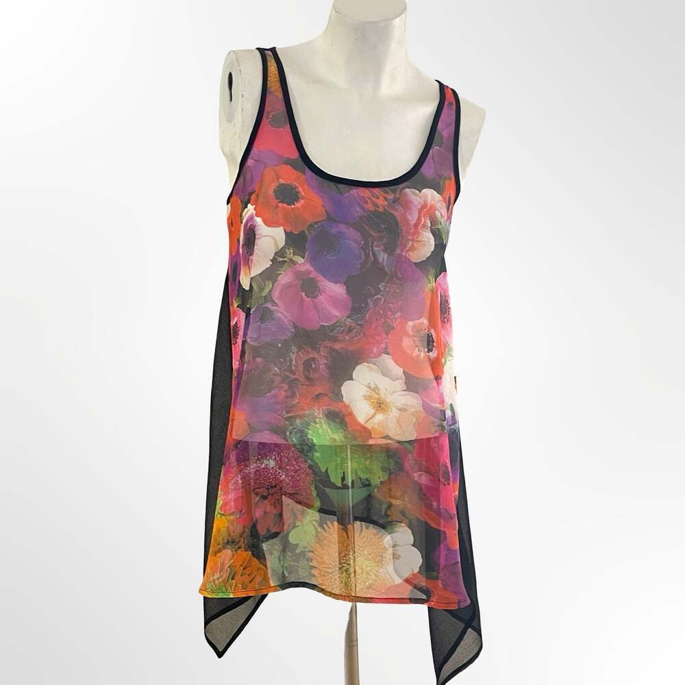 Jeans by Buffalo Floral Sheer Mesh Overlay Sharkbite Hem Tank Top