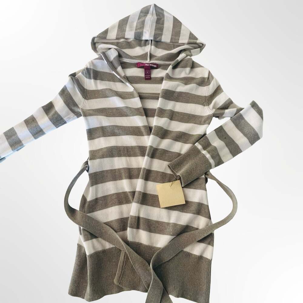 Epic Threads Women's Gray and White Striped Hooded Cardigan Sweater Size M