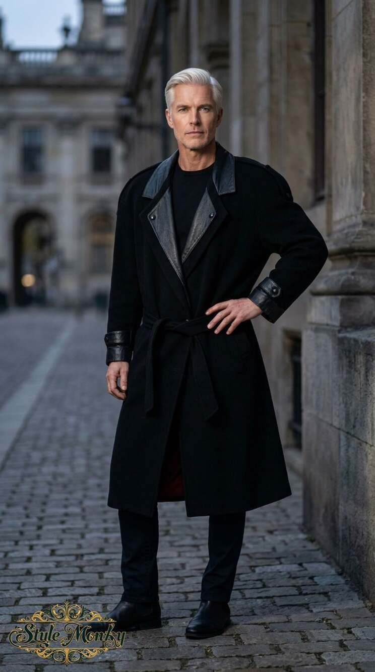 Vintage Black Wool Long Trench Coat with Leather Trim and Red Lining