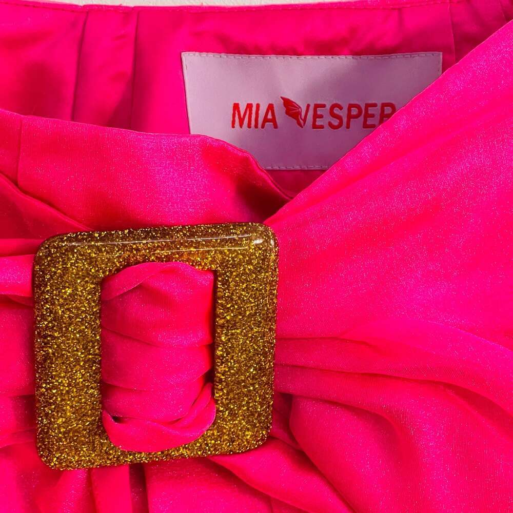 Mia Vesper Hot Pink Asymmetric Bow Mini Skirt with Gold Glitter Buckle