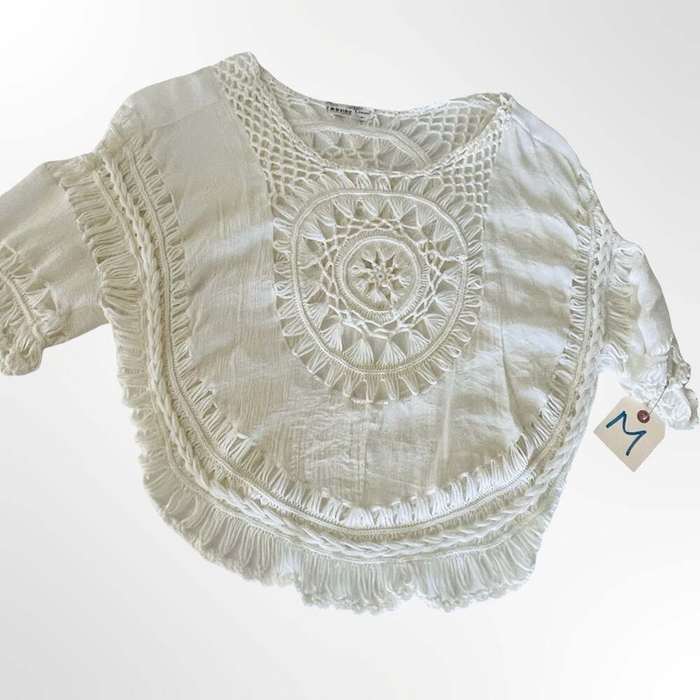 Boho Crochet Crinkle Tunic Top White Festival Beach Cover Up Size M