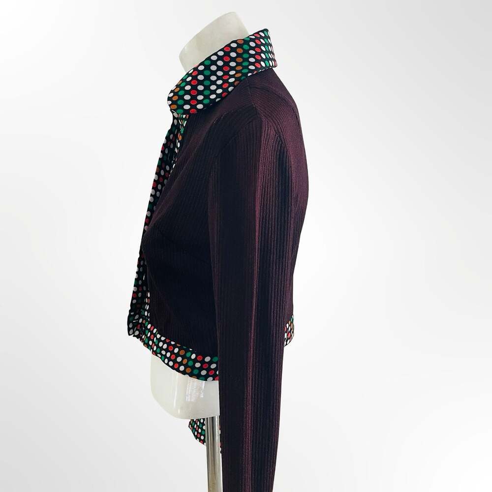 Vintage Ribbed Knit Cropped Cardigan with Polka Dot Trim
