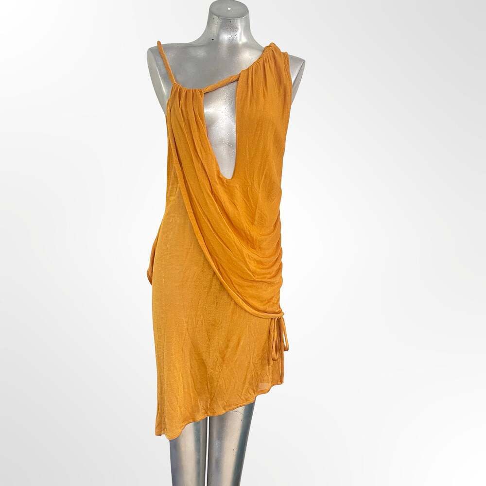 Hanifa Women's Mustard Yellow Asymmetrical Draped Mini Dress