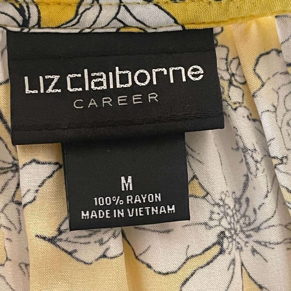 Liz Claiborne Career Yellow Floral Print Rayon Tie-Neck Blouse