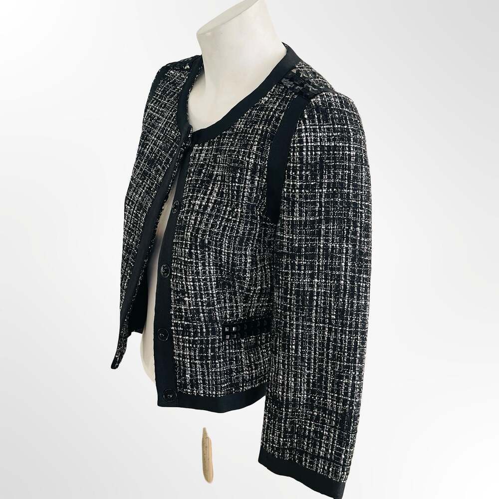 H&M Black and White Tweed Textured Jacket with Decorative Embellishments