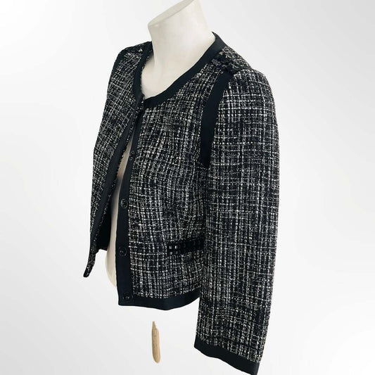 H&M Black and White Tweed Textured Jacket with Decorative Embellishments
