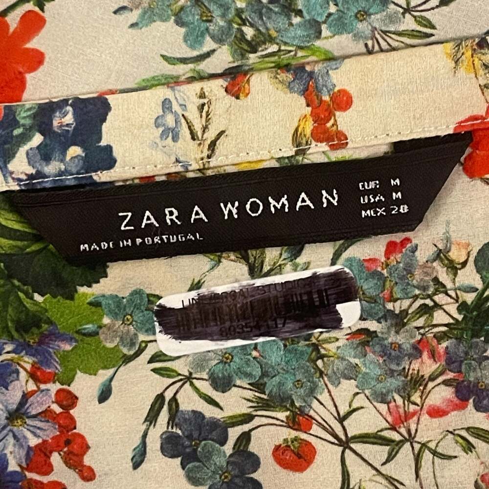 Zara Woman Long Sleeve Floral Print Split Neck Blouse