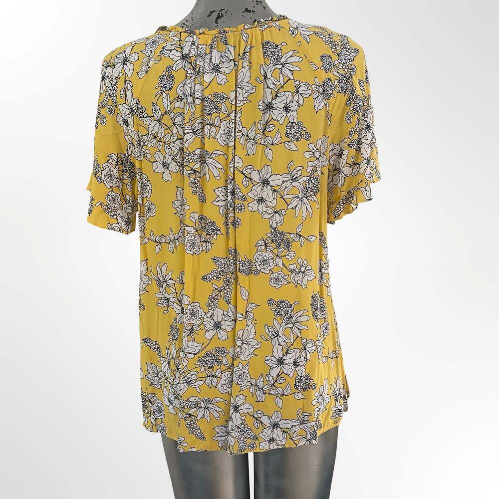 Liz Claiborne Career Yellow Floral Print Rayon Tie-Neck Blouse