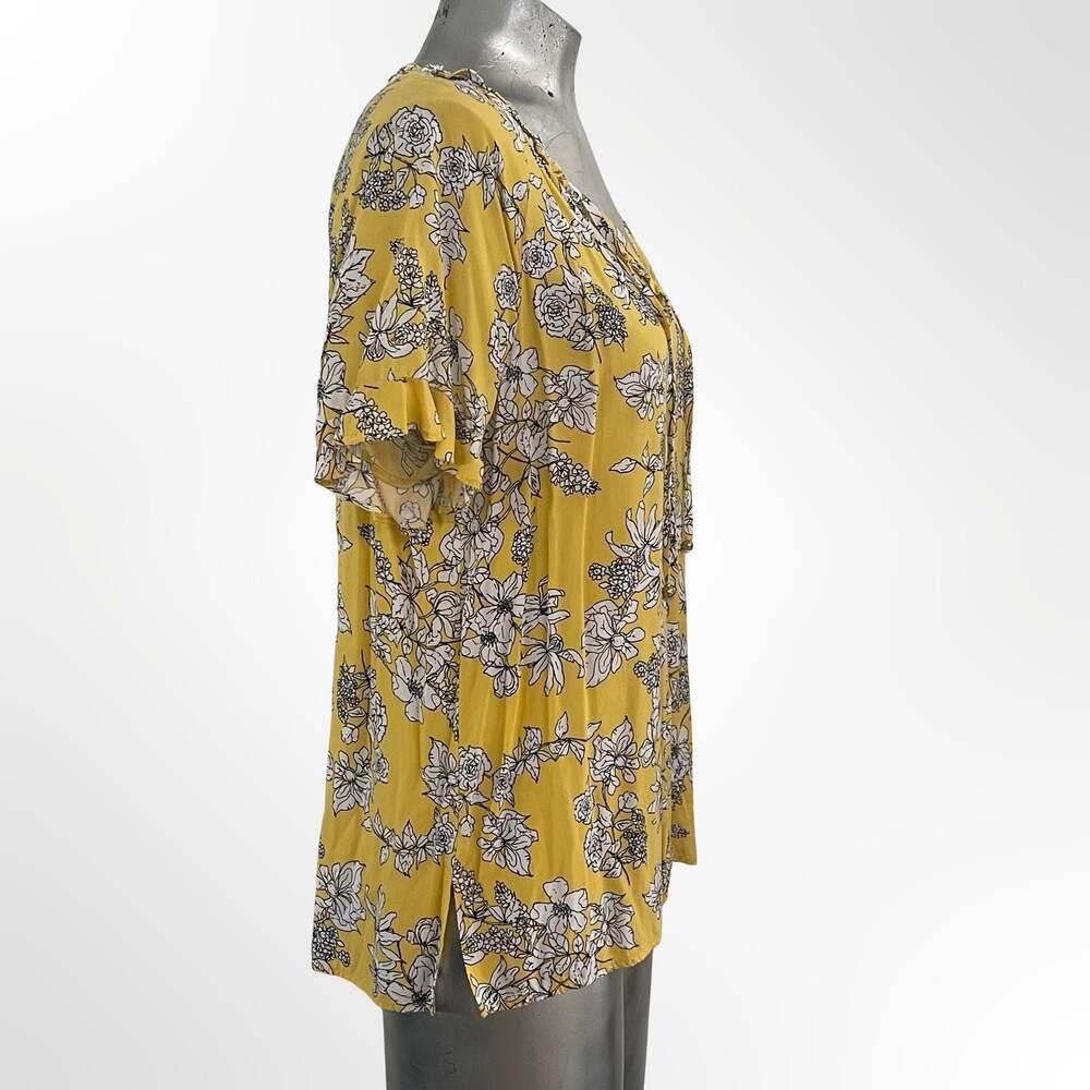 Liz Claiborne Career Yellow Floral Print Rayon Tie-Neck Blouse