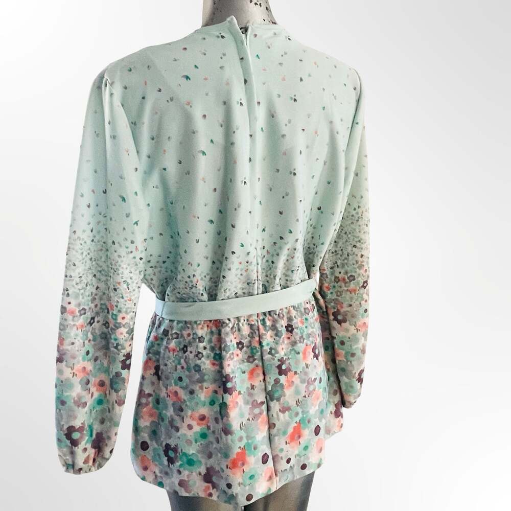 Vintage Mint Green Floral Ombre Tie Neck Long Sleeve Peplum Blouse with Belt