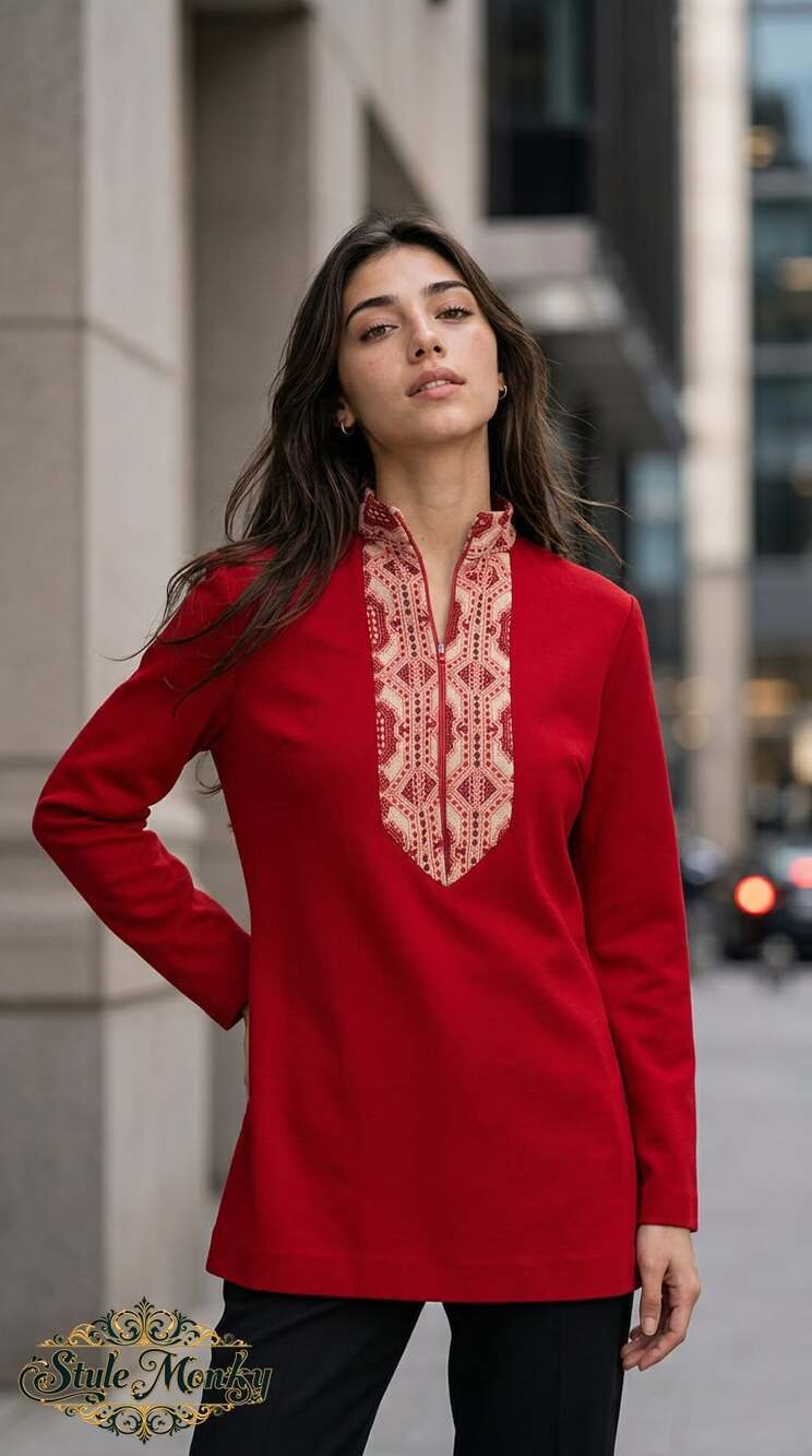 Cintura Vintage Red Long Sleeve Tunic Top with Embroidered Collar