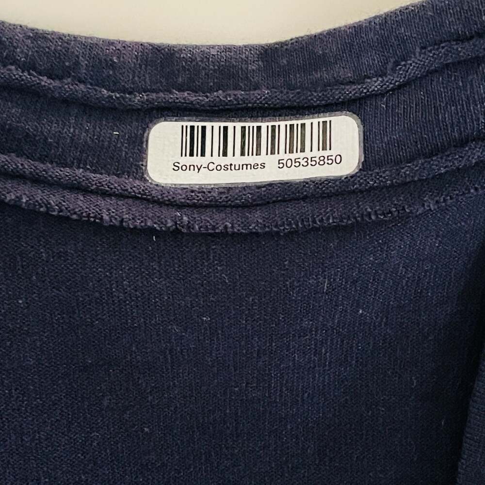 Vintage Navy Blue Long Sleeve Blouse with White Vertical Striped Details