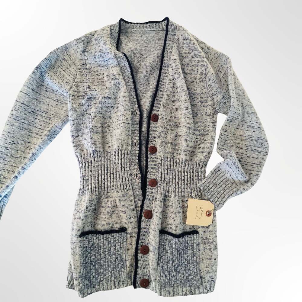 Women's Blue and White Marled Knit Button-Down Cardigan Sweater with Pockets