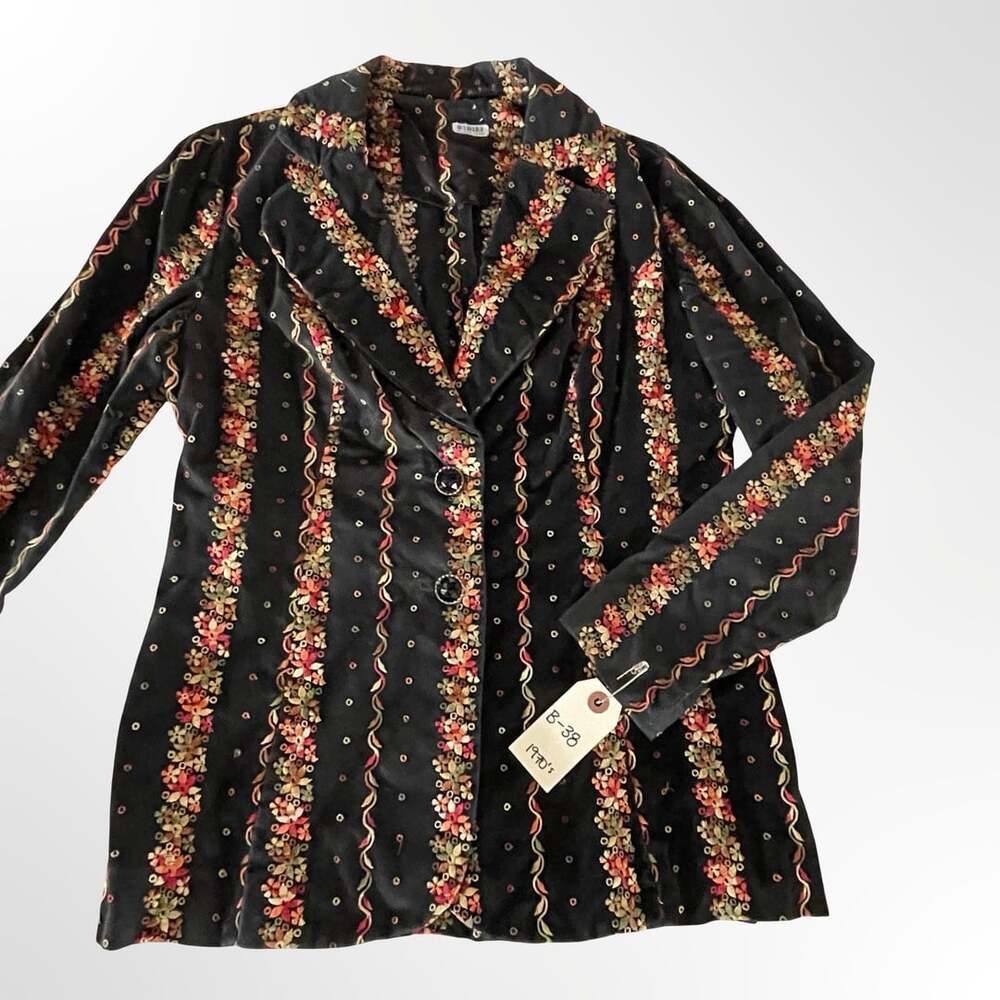 Vintage Black Velvet Floral Embroidered Sequin Blazer Jacket