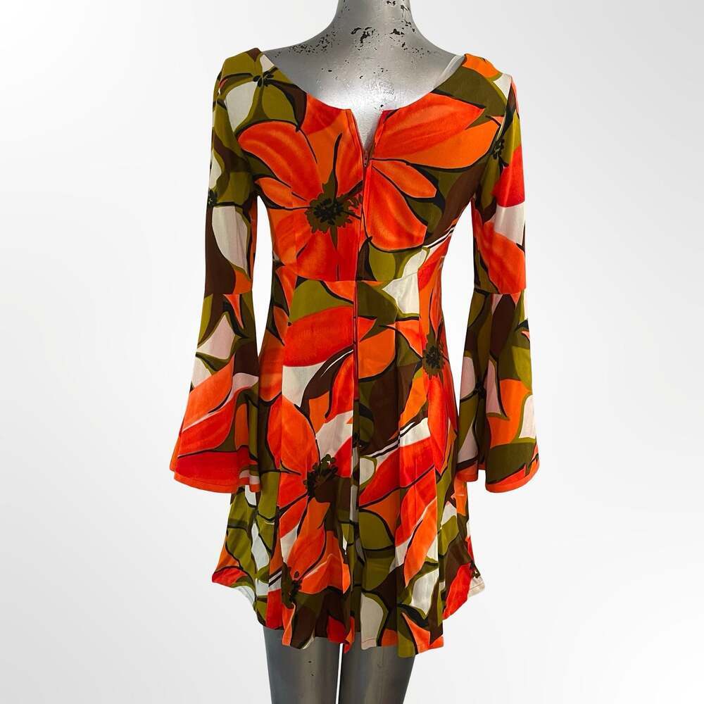 1960s Kamehameha  Floral Colorful Orange Cotton Sun Dress