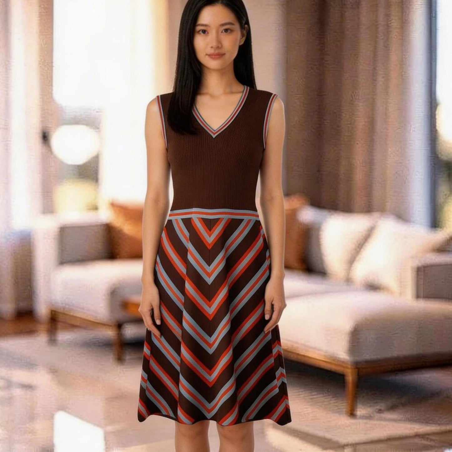 Unbranded Sleeveless Brown Chevron Striped Dress in size S