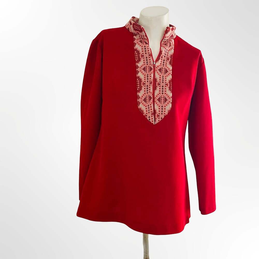 Cintura Vintage Red Long Sleeve Tunic Top with Embroidered Collar