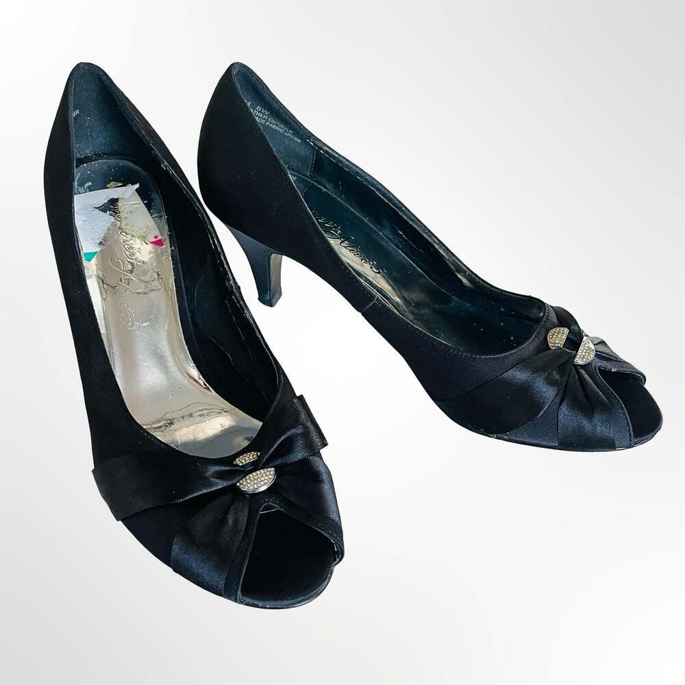 Easy Street Alive 5 Women's Black Satin Peep Toe Kitten Heels with Crystal Ornam