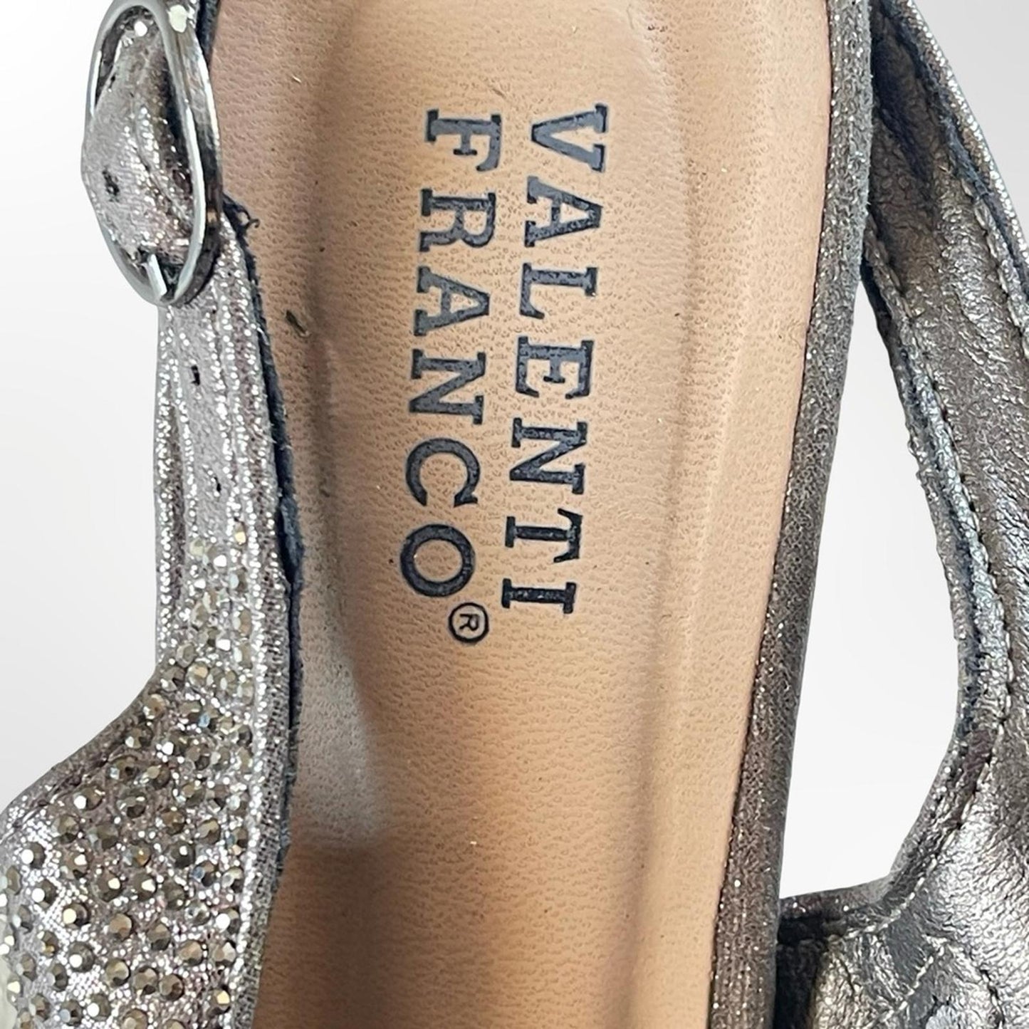 Valenti Franco Silver Rhinestone Slingback Block Heels - 7.5