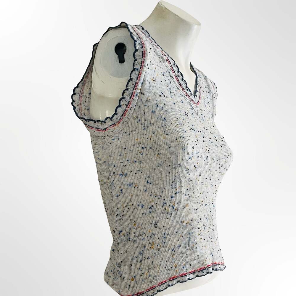 Vintage 70s Gray Heathered Rainbow Speckle Knit Vest Top With Plaid Stripe