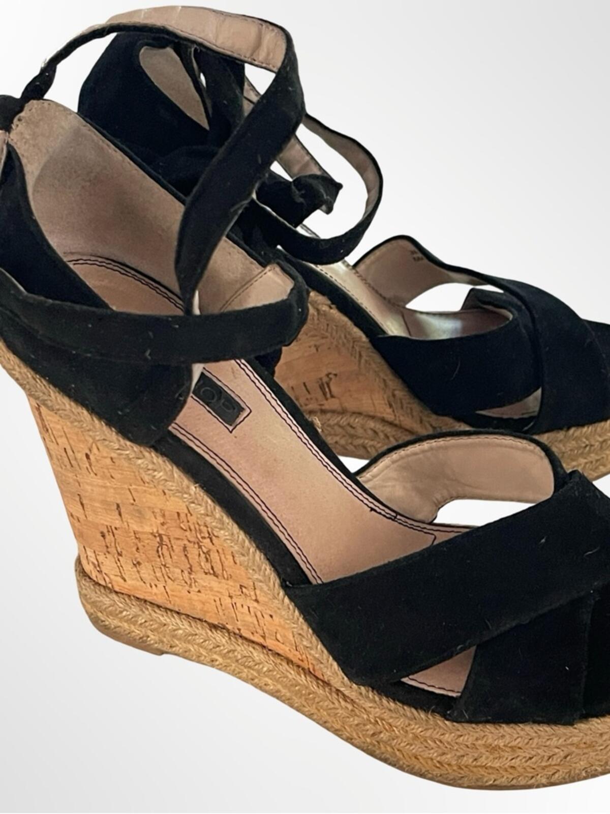 Topshop Black Suede Espadrille Wedge Sandals with Ankle Ties