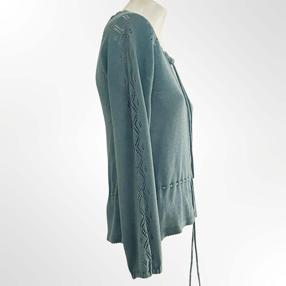 Vintage Beewear Boho Sage Green Pointelle Knit Tie-Front Peplum Top