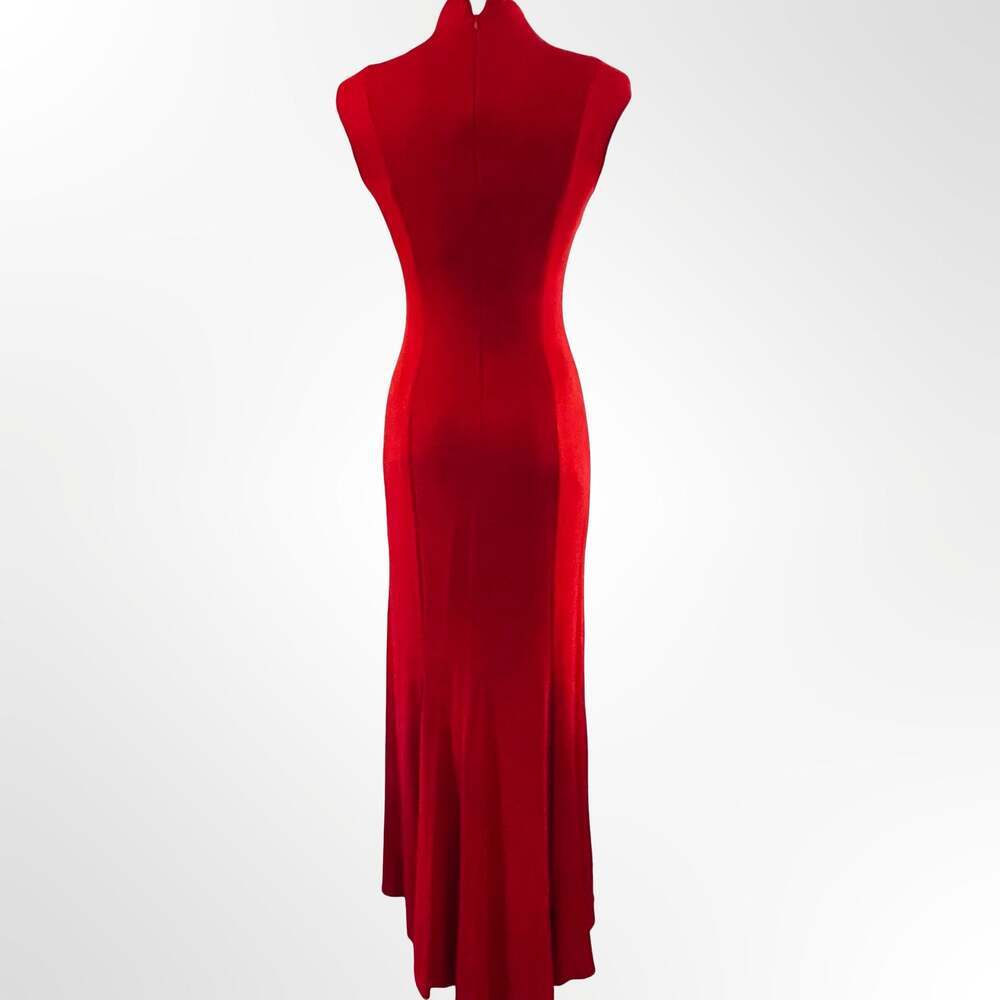 David Meister Red Mock Neck Sleeveless Sheath Gown