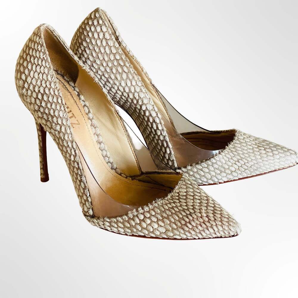 Schutz Pointed Toe Stiletto Pumps with Clear PVC Side Panels in Textured Fabric