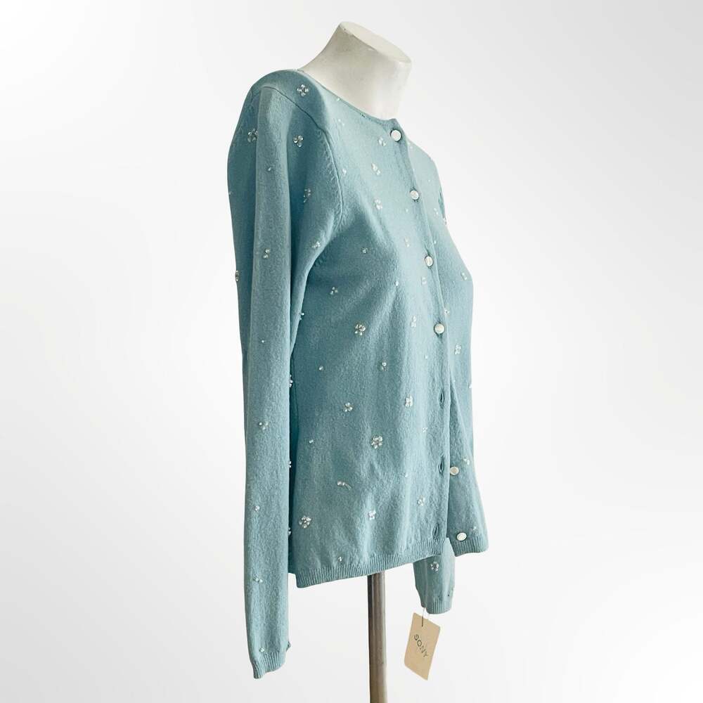 Beth Bowley Light Blue Beaded Floral Cardigan Sweater Size M