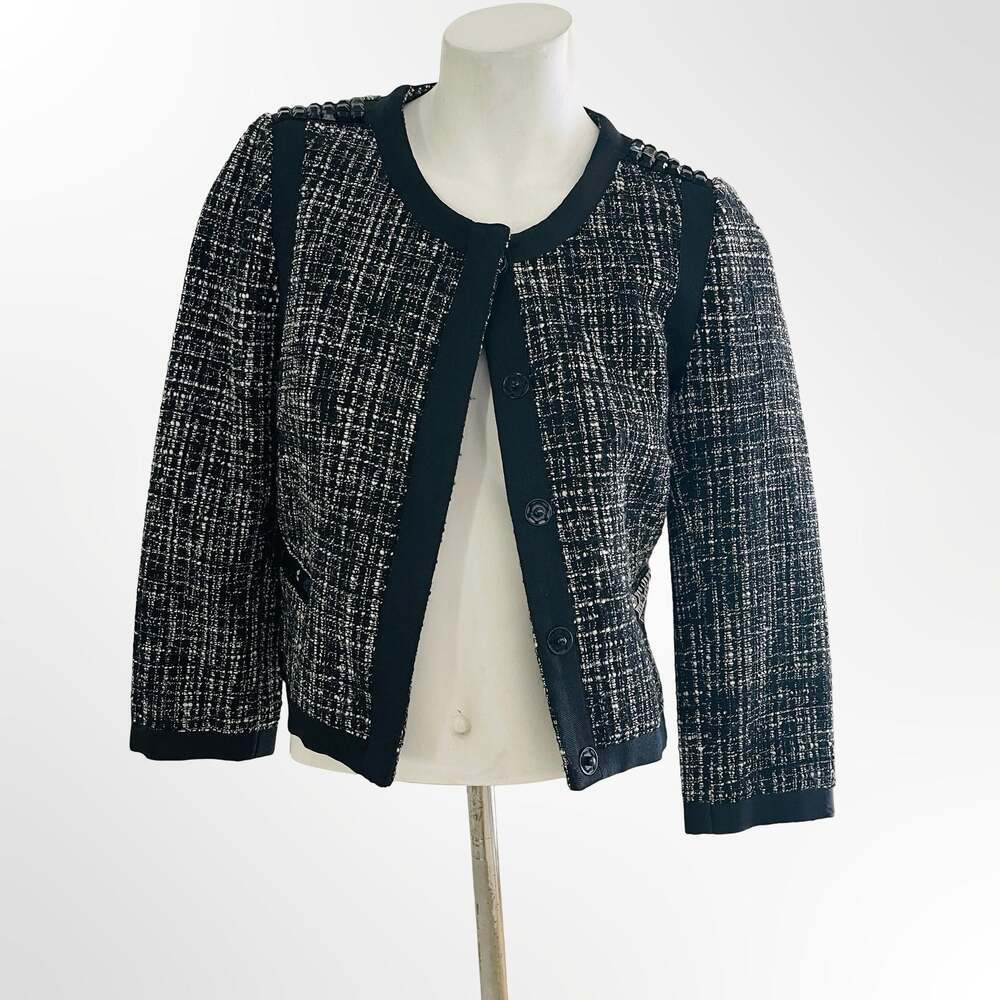 H&M Black and White Tweed Textured Jacket with Decorative Embellishments