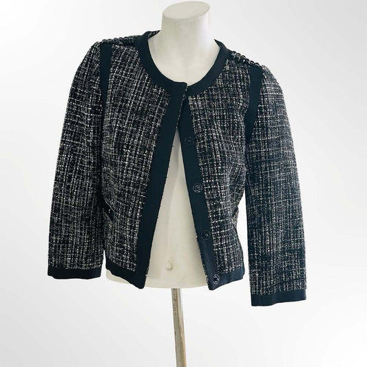 H&M Black and White Tweed Textured Jacket with Decorative Embellishments