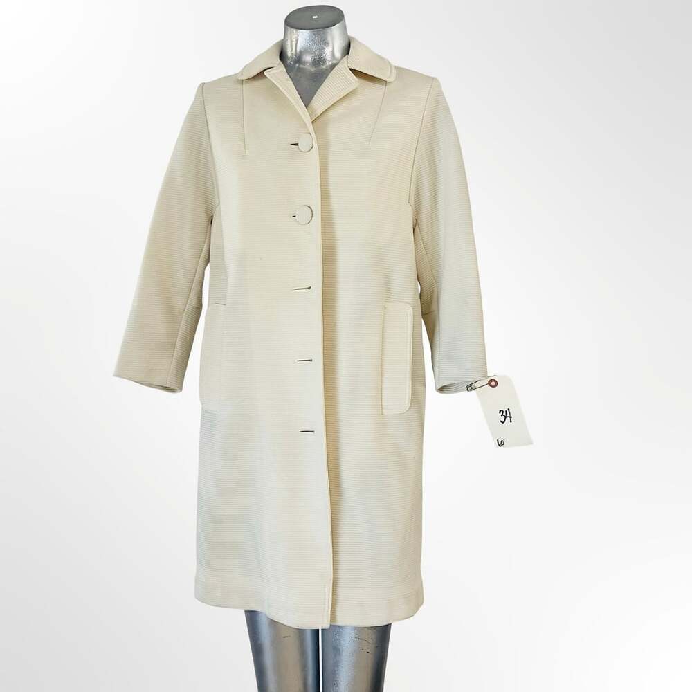 Vintage Textured Cream Single Breasted Overcoat with Notch Lapel and Pockets