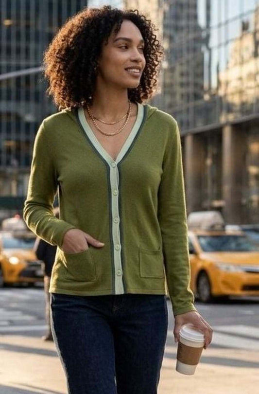 Moth Green Hooded Button-Front Cardigan Sweater with Contrast Trim Size M