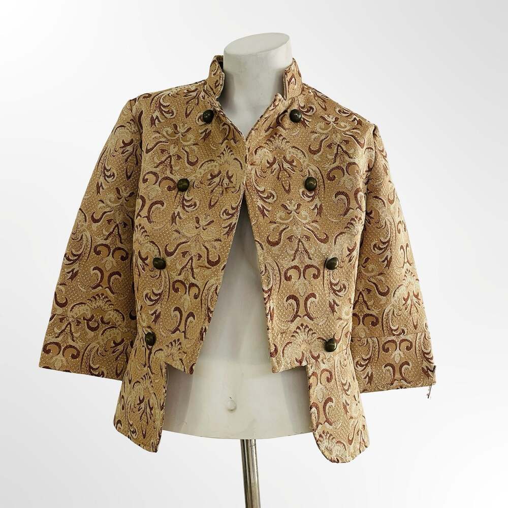 Heart Moon Star Women's Tan Brocade Tapestry Floral Print Cropped Jacket Size XS