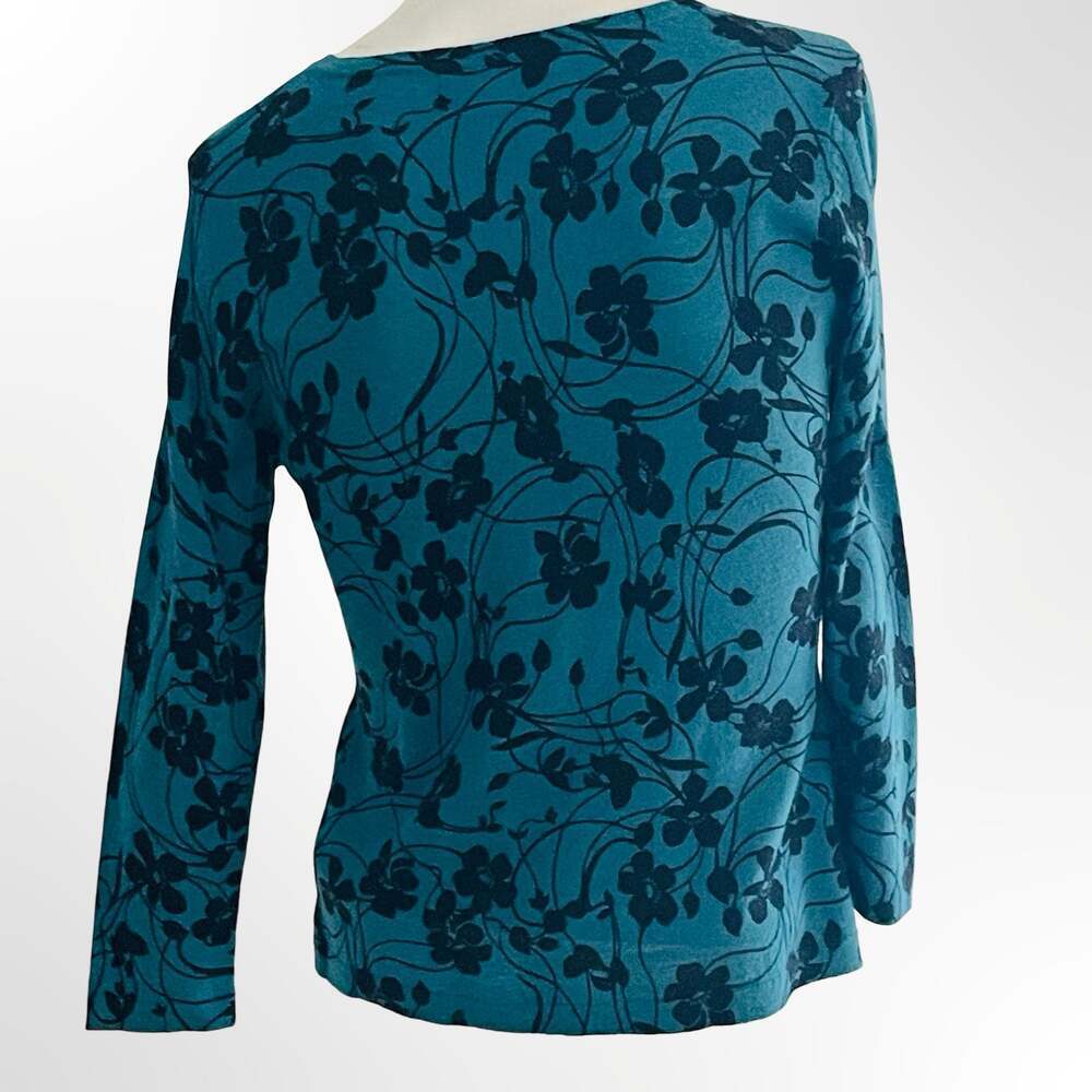 Garnet Hill Teal Blue Floral Botanical Print Button-Front Cardigan Sweater XS