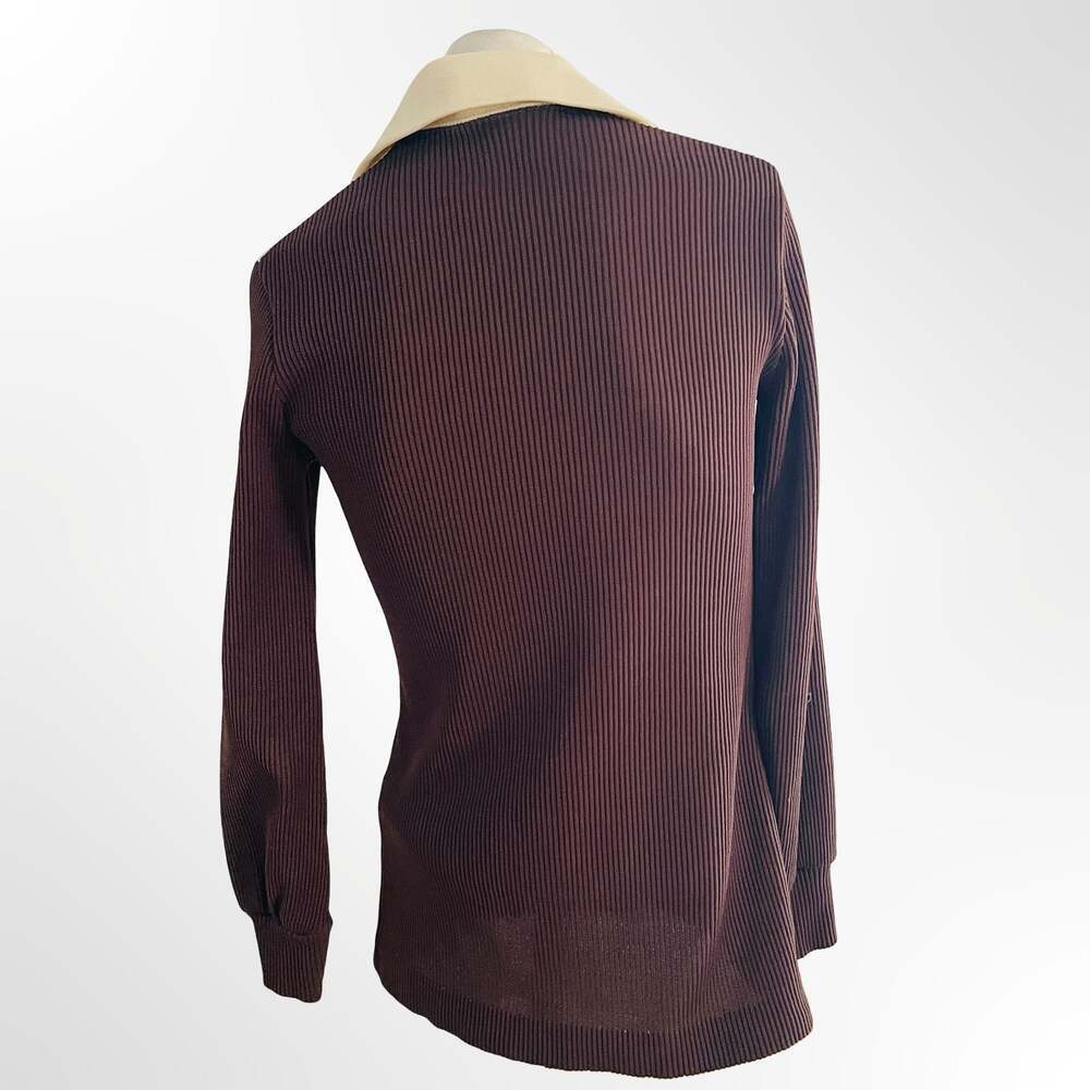 Vintage Stage 7 Brown Ribbed Knit Long Sleeve Polo Sweater  w Cream Collar