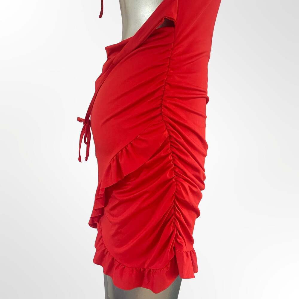 SHEIN Red Short Sleeve Ruched Bodycon Mini Dress with Cut-out and Ruffle Hem
