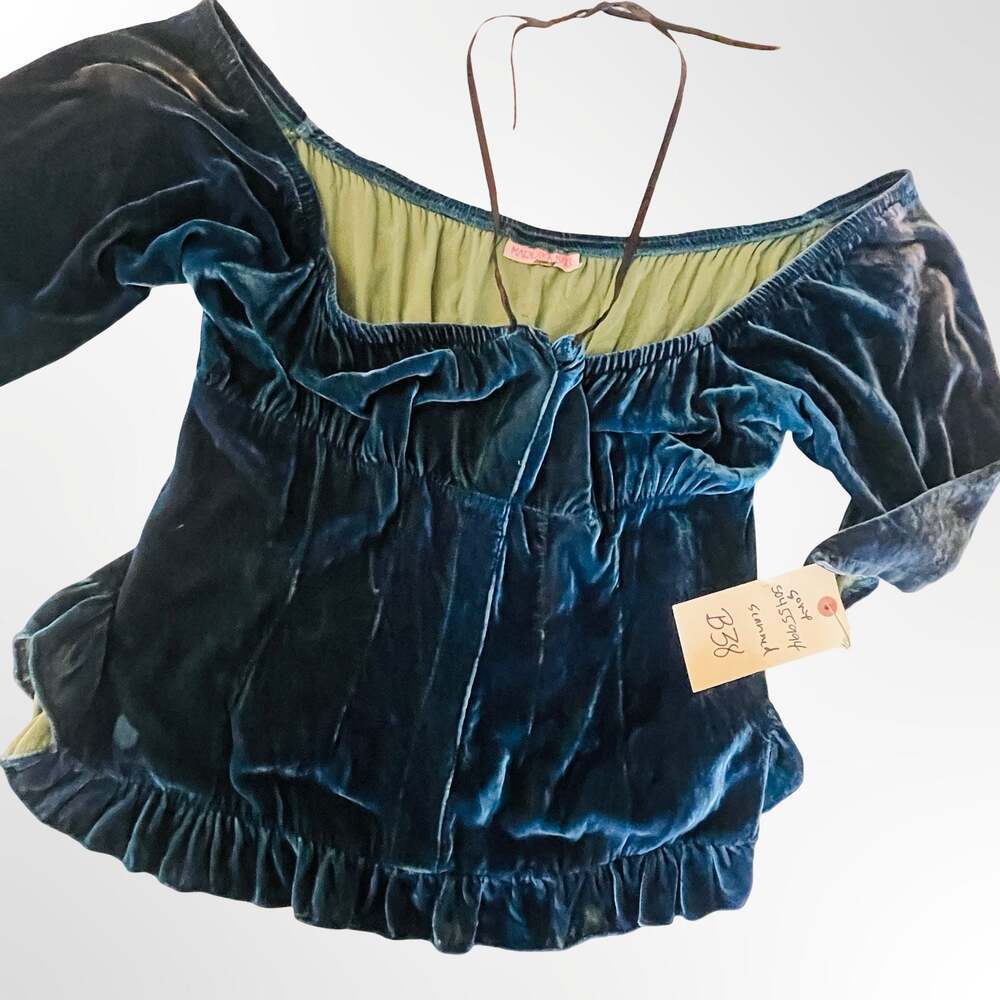 Marrika Naki Vintage 100% Silk Teal Velvet Ruched Ruffle Hem Top