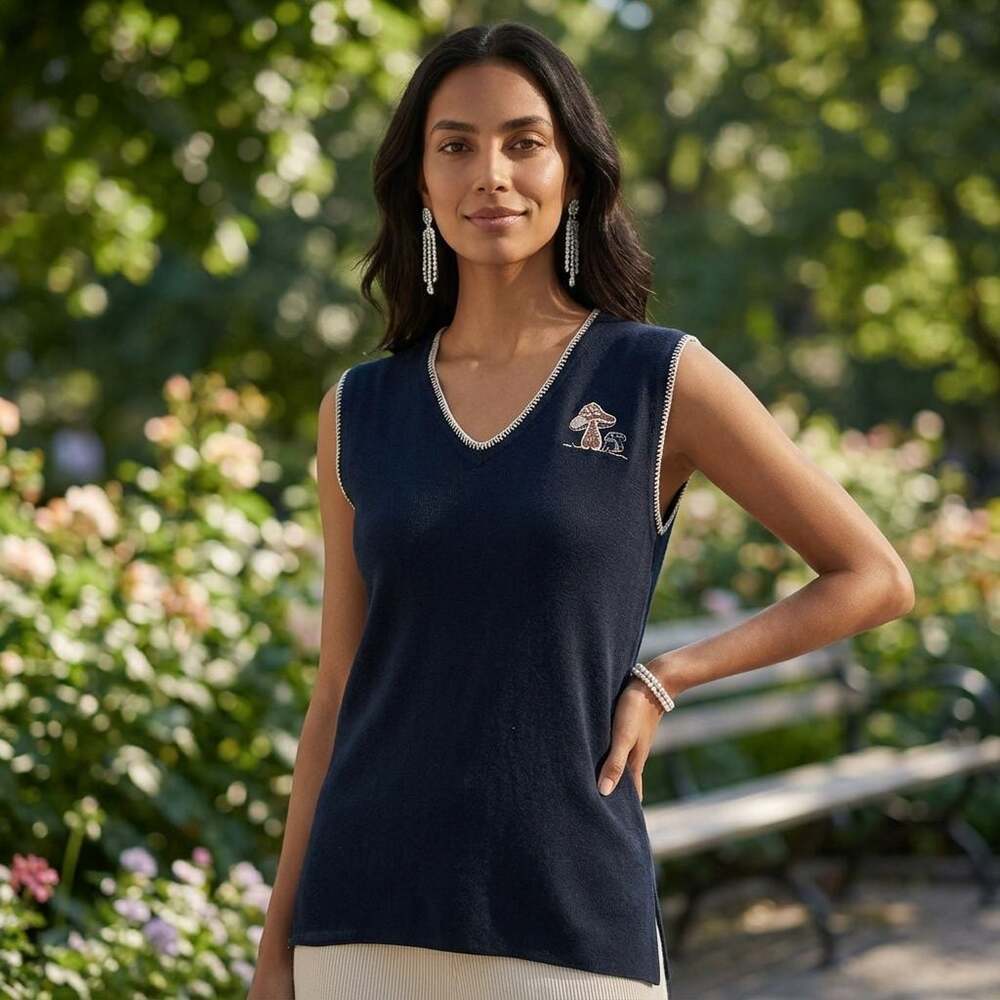 Vintage Black Knit Sleeveless Tank Top Sweater Vest with Mushroom Graphic
